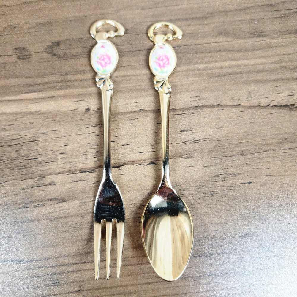 Vintage Gold Tone Rose Appetizer Fork and Spoon Set Stainless‎ Steel Japan